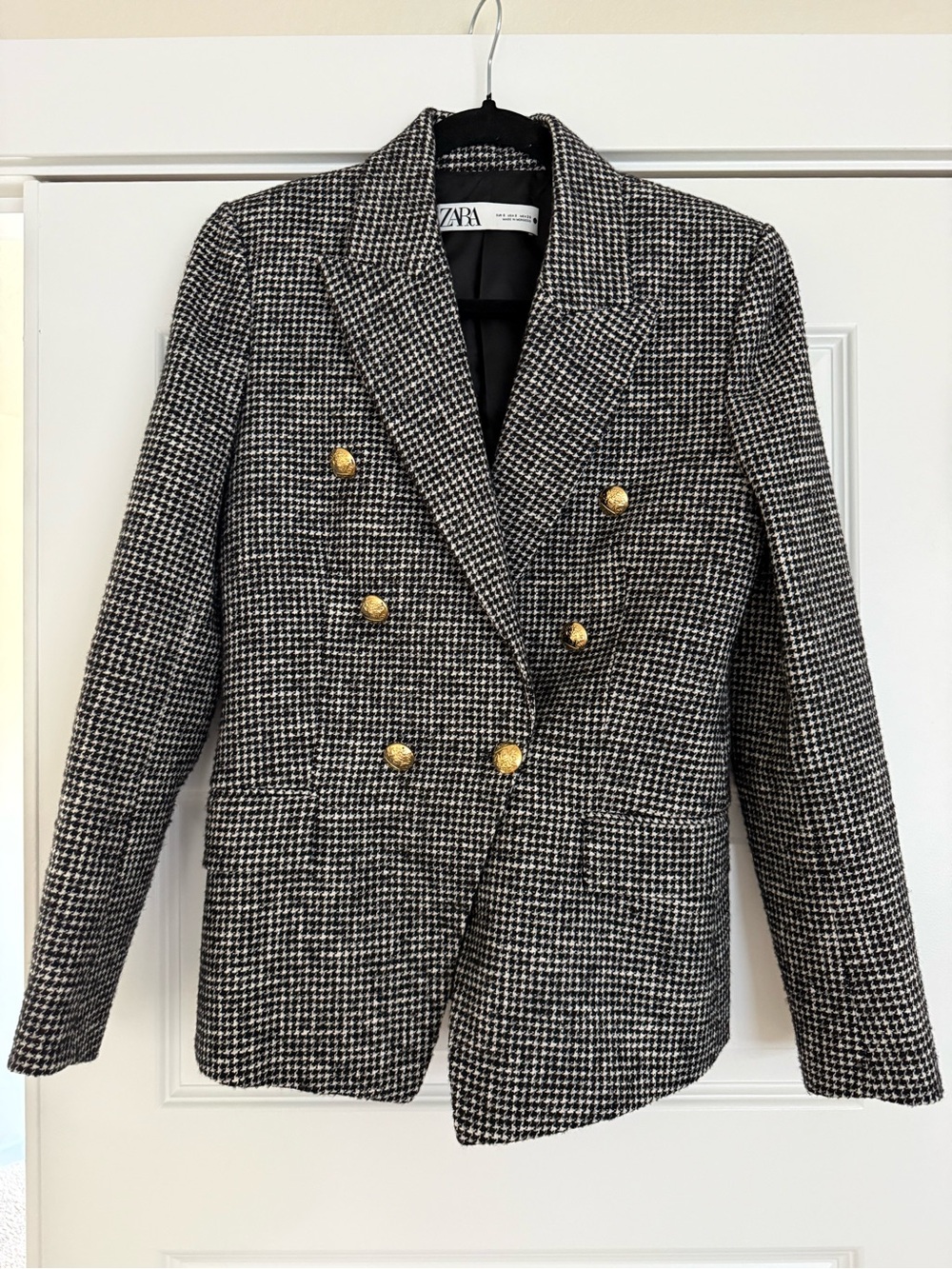 Zara Black & White Houndstooth Double-Breasted Blazer Gold Buttons